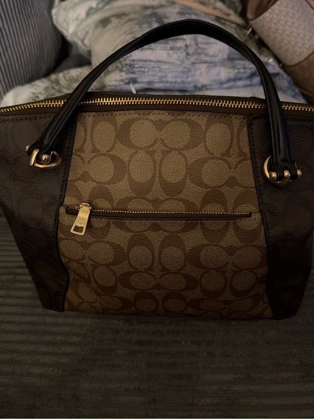 Coach Brown Signature Canvas Tote with Black Leather Trim